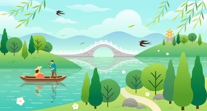 春天一对男女在公园划船