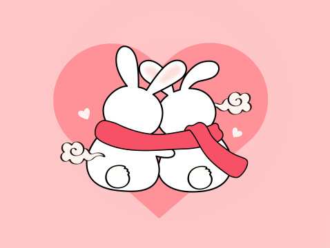 一对兔子互相依偎粉色背景插画