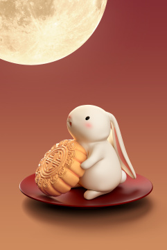 中秋节兔子抱着月饼坐在碟子中赏月场景海报