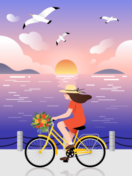 海边日落背景下一个少女骑着自行车