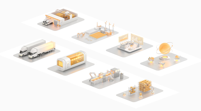 橙色智能现代工业数字供应链元素图标合集