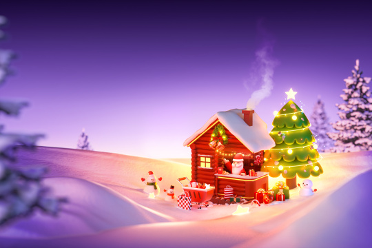 圣诞节平安夜雪地木屋节日促销活动海报3D