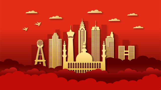 中国新疆乌鲁木齐市城市剪纸风矢量插画