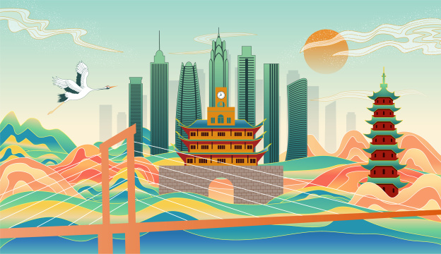 中国浙江宁波市城市复古国风海报插画