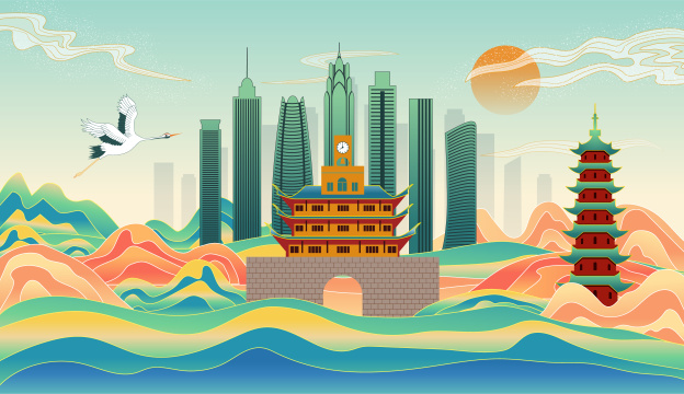 中国浙江宁波市城市复古国风海报插画