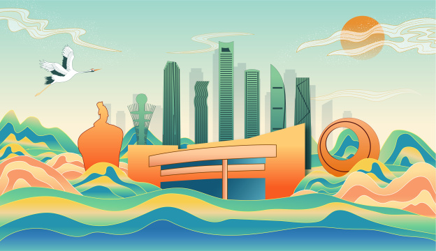 中国福建厦门市城市复古国风海报插画