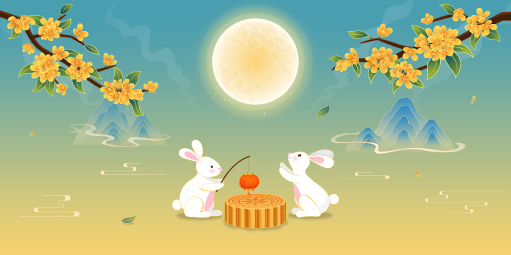 中秋节国潮风兔子月饼节日插画
