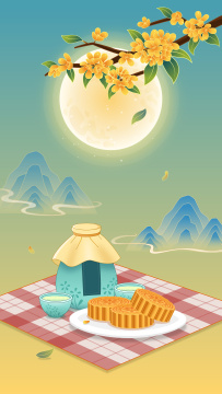 中秋节国潮风兔子月饼节日插画