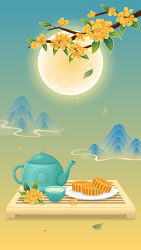 中秋节国潮风兔子月饼节日插画