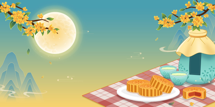 中秋节国潮风兔子月饼节日插画