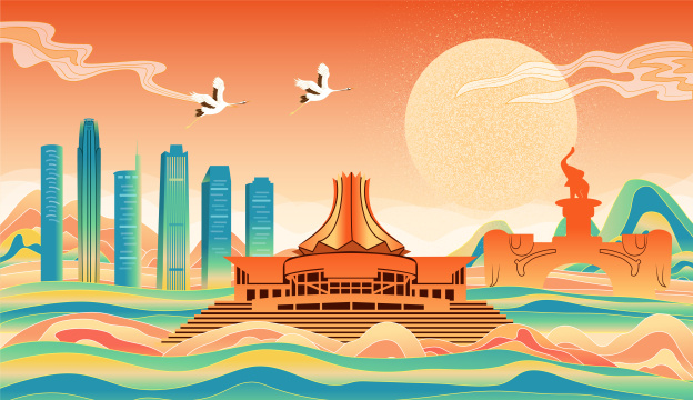 国潮喜庆节日中秋节国庆节元旦春节城市插画