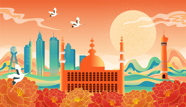 国潮喜庆节日中秋节国庆节元旦春节城市插画