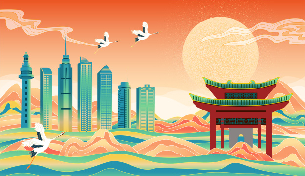 国潮喜庆节日中秋节国庆节元旦春节城市插画