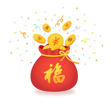 红色福袋里装满金币红包矢量UI插画