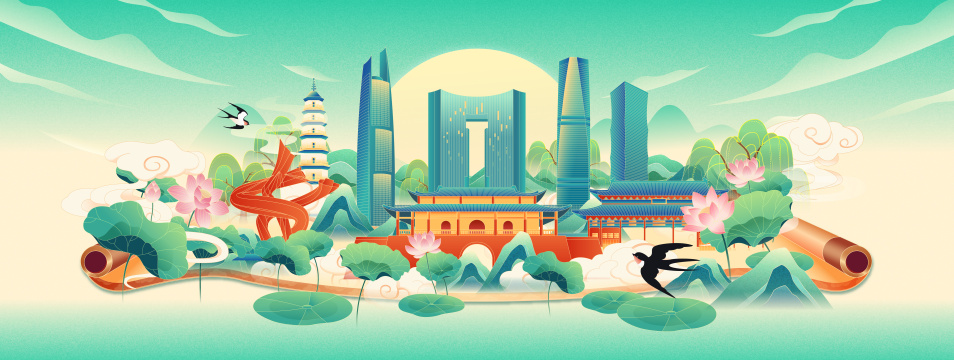 国风立夏节气东莞城市建筑矢量插画