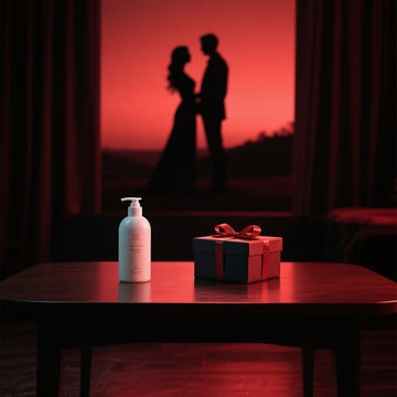 女人和男人的剪影，正在上楼梯，拿着香水