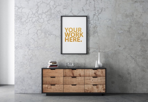 黑色竖框海报置于梳妆台上方混凝土墙上的模型图 