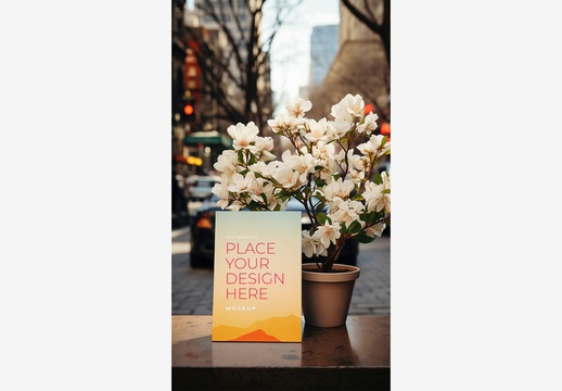 带有盆栽植物、白色花朵、空白标识牌、汽车、建筑物、城市街道背景和路灯的街道框架模型模板