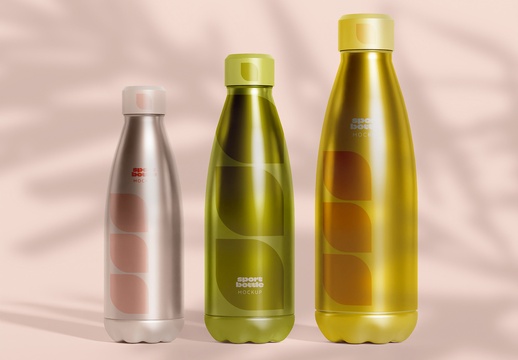 不同尺寸模型上的三个金属运动水壶 