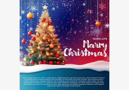 节日与冬季模板：色彩鲜艳背景上带有装饰品和雪花的喜庆圣诞树，用于添加文字或照片的节日模板生成式人工智能 