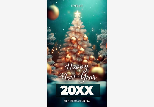 节日与冬季模板：带有金色小球和星星的绝美圣诞树、高分辨率PSD背景、圣诞快乐和新年快乐祝福节日模板 生成式人工智能