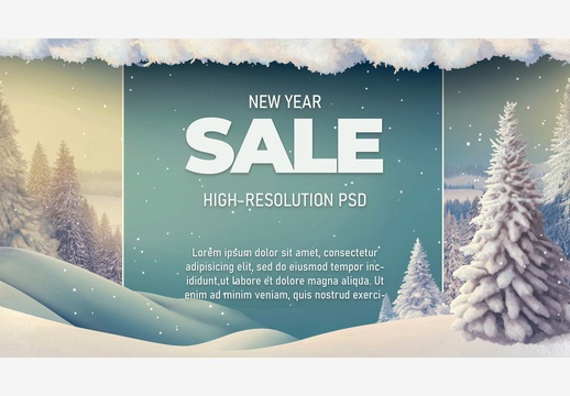 假日与冬季模板：带有圣诞树、促销标志和飘落雪花的雪景，打造神奇季节的假日模板生成式人工智能 