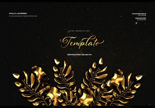 在深黑色抽象背景上的孤立金叶、树枝和草本植物