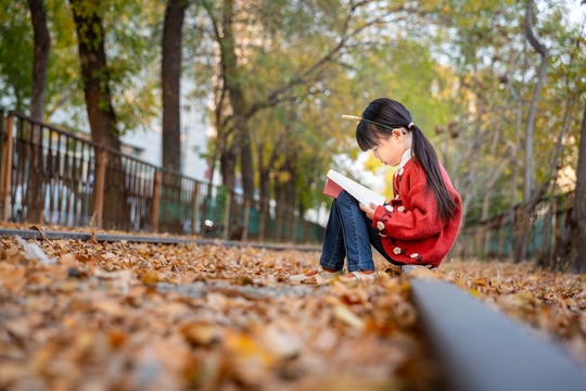 深秋季节小女孩在落叶满地的户外