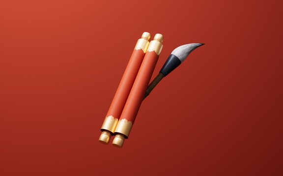 红色中国风古风卷轴三维渲染