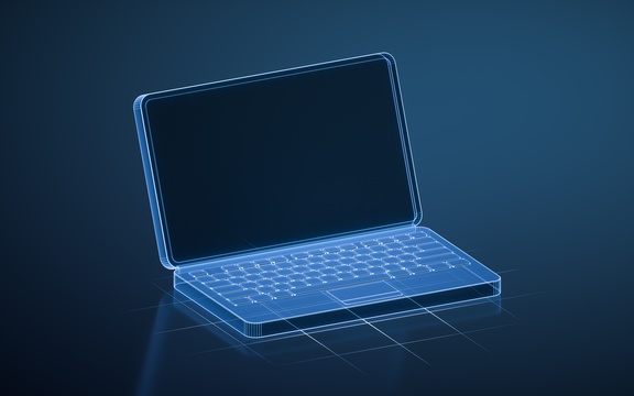 笔记本电脑与蓝色科技背景3D渲染