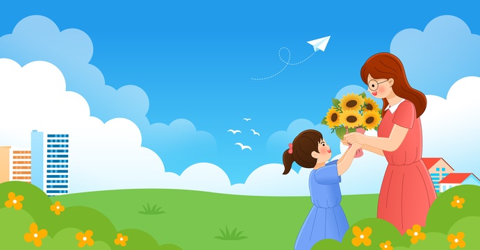 教师节一个学生送花给老师插画