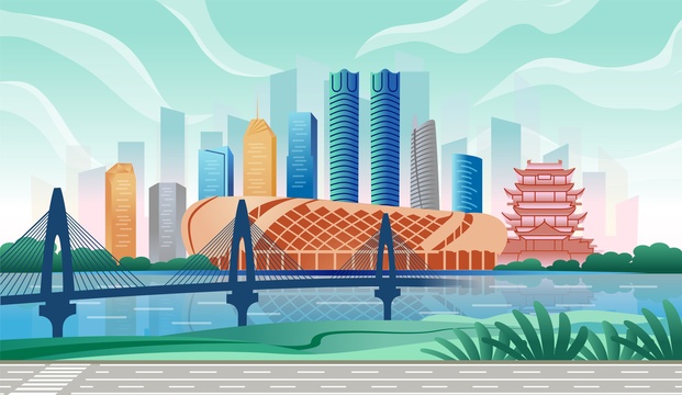 中国江西南昌市商务科技城市彩色矢量插画