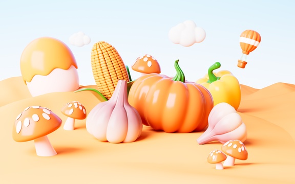 卡通秋天户外丰收蔬菜背景3D渲染