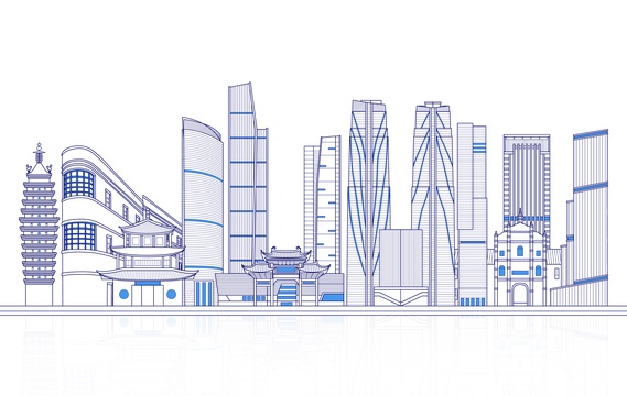 中国城市昆明天际线矢量地标建筑插画