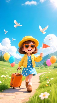国庆节女孩拉着行李箱出游3D卡通风格插画