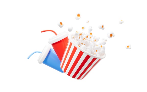 卡通爆米花等零食饮料看电影概念3D渲染