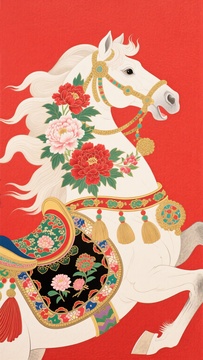 鲜花骏马竖幅国风插画马年竖幅海报