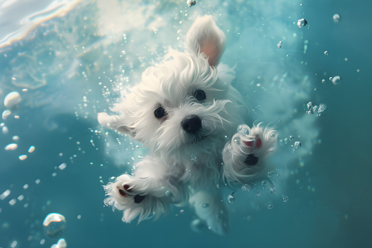 阿拉菲狗在水中游泳伴随着水泡