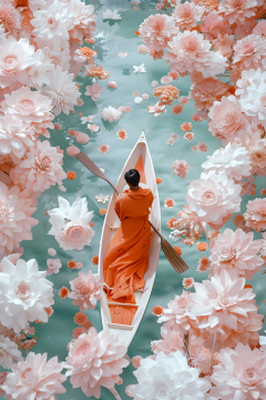 有一位妇女在一条被鲜花包围的船上