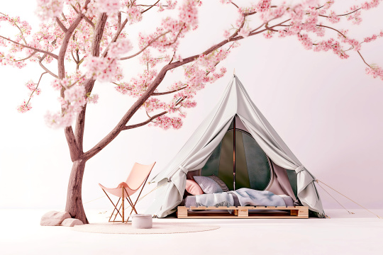 背景中有一顶帐篷里面有一张床和一棵树