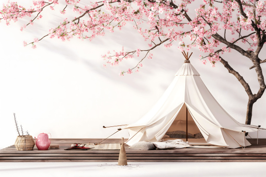 有一个帐篷背景是一棵树和一张野餐桌