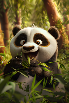 熊猫在树林里吃竹子