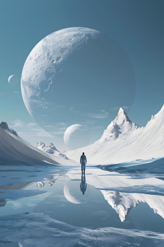 一名男子站在冰冻的湖面上面前是一轮巨大的