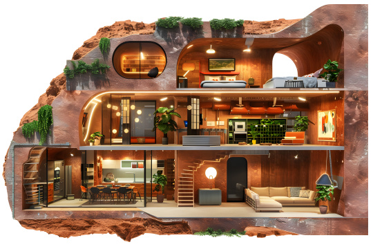 这是一栋房子的剖面图里面有楼梯和客厅