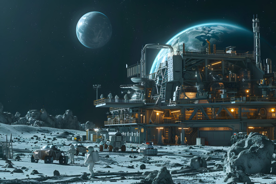 宇宙飞船降落在一颗行星上背景中有一座大楼