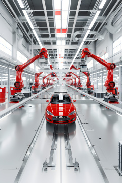 阿拉夫红色汽车在工厂里机器人四处移动
