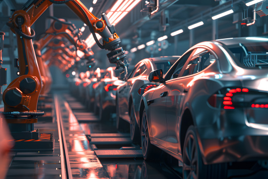 阿拉菲德汽车装配线与机器人和汽车在工厂