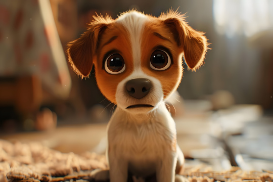 有一只大眼睛的小狗坐在地毯上