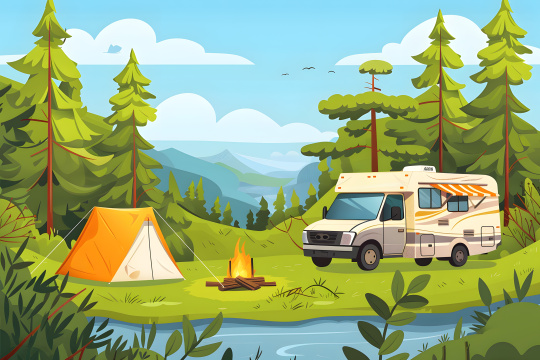 树林里有一辆露营车停在篝火旁