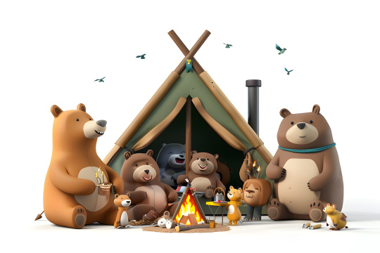 有很多熊围坐在篝火旁